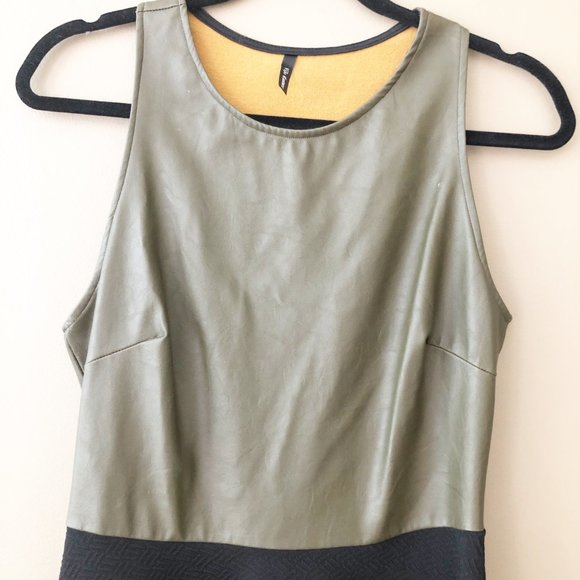 Vijo Couture Faux Leather Racerback Sleeveless Skater Dress Olive Green Black L - Picture 2 of 6